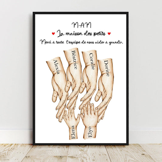 Cadeau pour CRÈCHE, nombre de nounous et d'enfant personnalisable, Affiche a4 ou A3 mains nounou enfant, cadeau fin de contrat