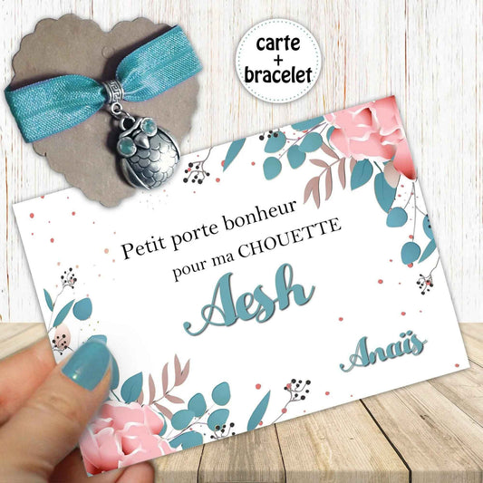 Bijou Porte Bonheur - Bracelet Extensible - Chouette - Carte Remerciement Personnalisable - Cadeau Français - ATSEM, Maîtresse, Nounou, Aesh