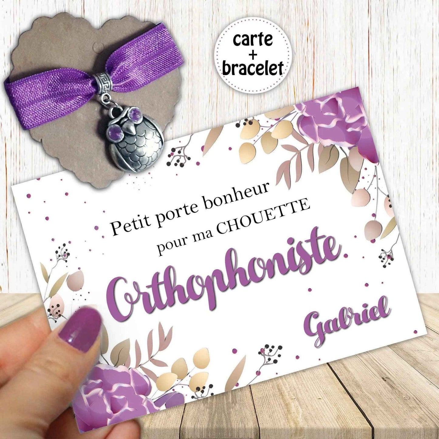 Bijou Porte Bonheur - Bracelet Extensible - Chouette - Carte Remerciement Personnalisable - Cadeau Français - AESH, Maîtresse, Collègue, AVS