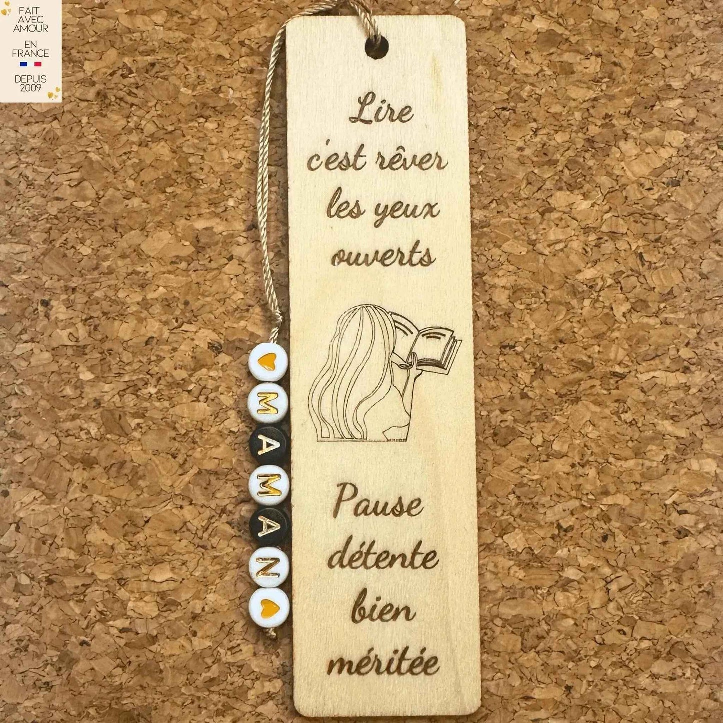 Marque-Page Personnalisé en Bois - Gravure Unique - Perles Lettre et Coeur - Cadeau Français