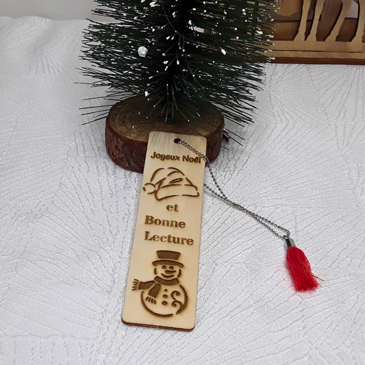 Marque-page Noël bois gravé - Cadeau artisanal personnalisé avec pompon