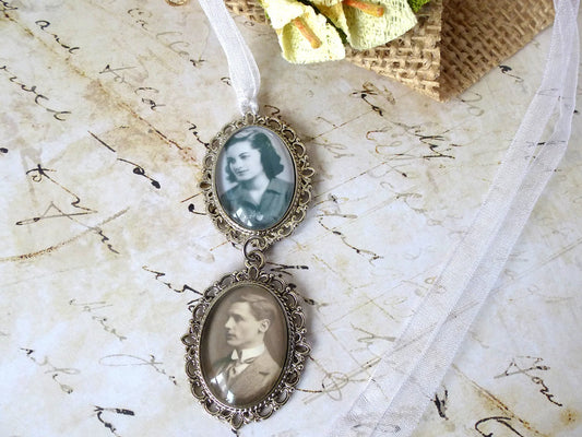 Médaillon photo pour bouquet de mariée - Souvenir défunt personnalisé - Bijou de mariage fait main - Pendentif mémoire