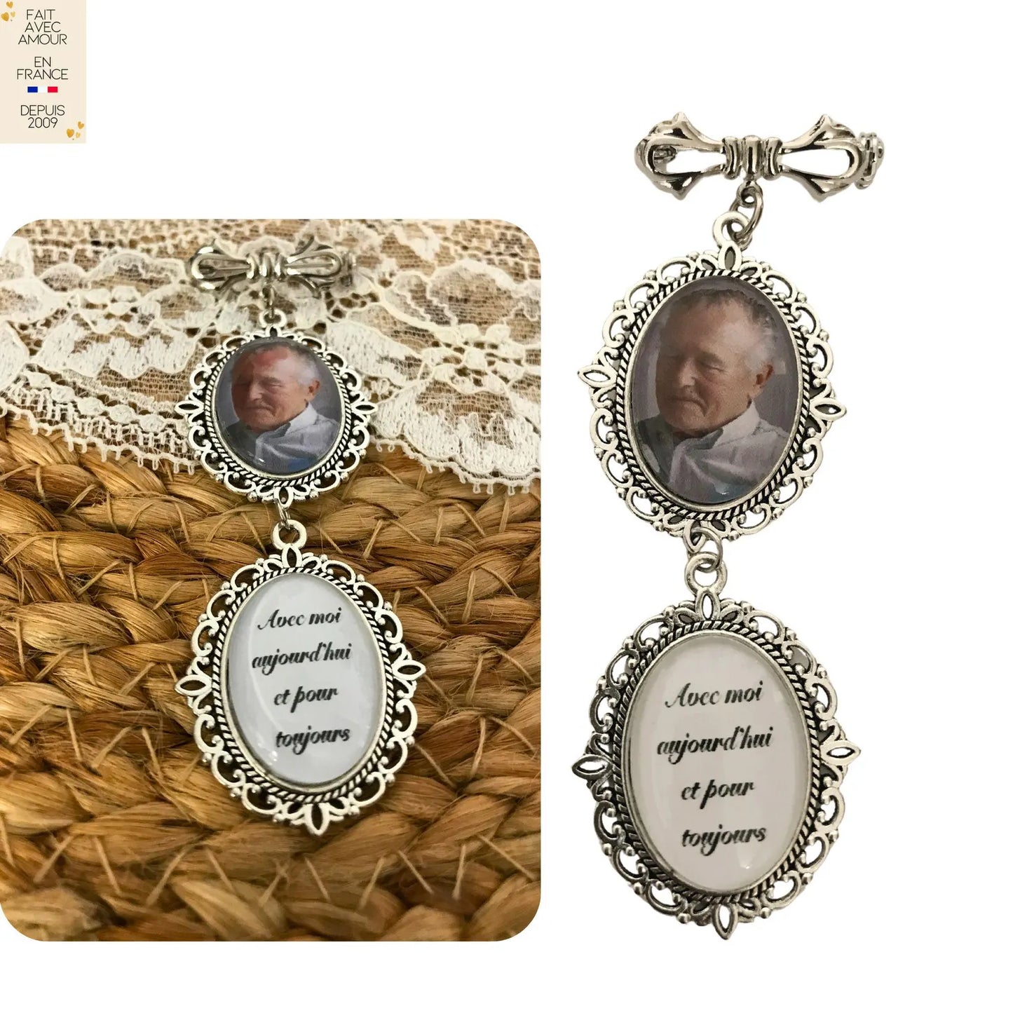 Médaillon de mariage en laiton argenté avec cabochon en verre.
