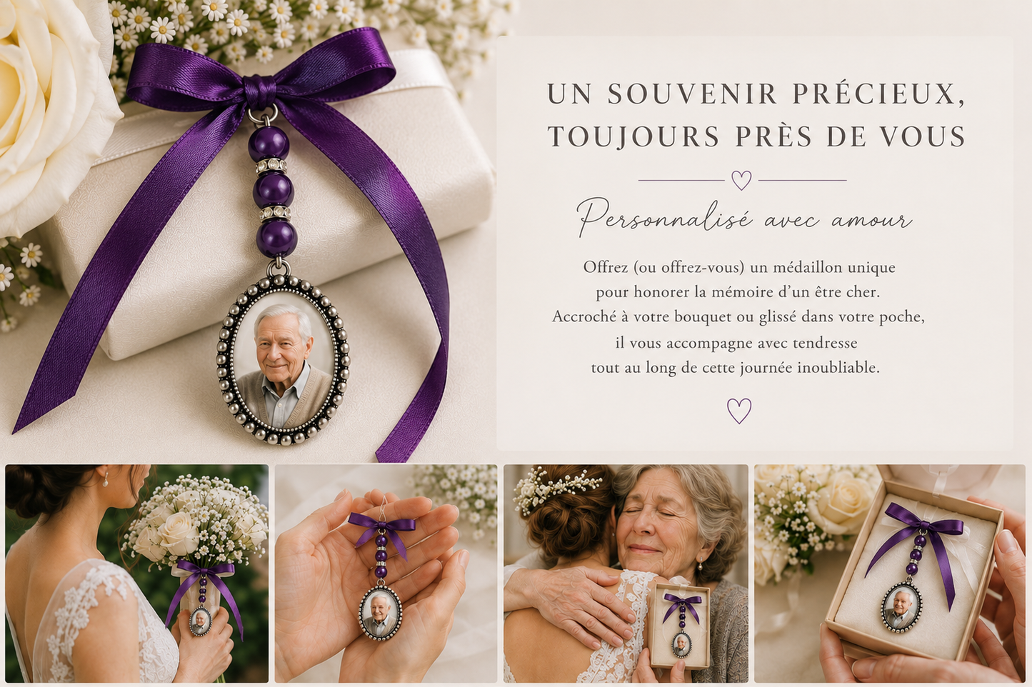 Medallion for bridal bouquet, photo or text, for close tribute, pearl color and customizable ribbon, memory jewel, wedding souvenir