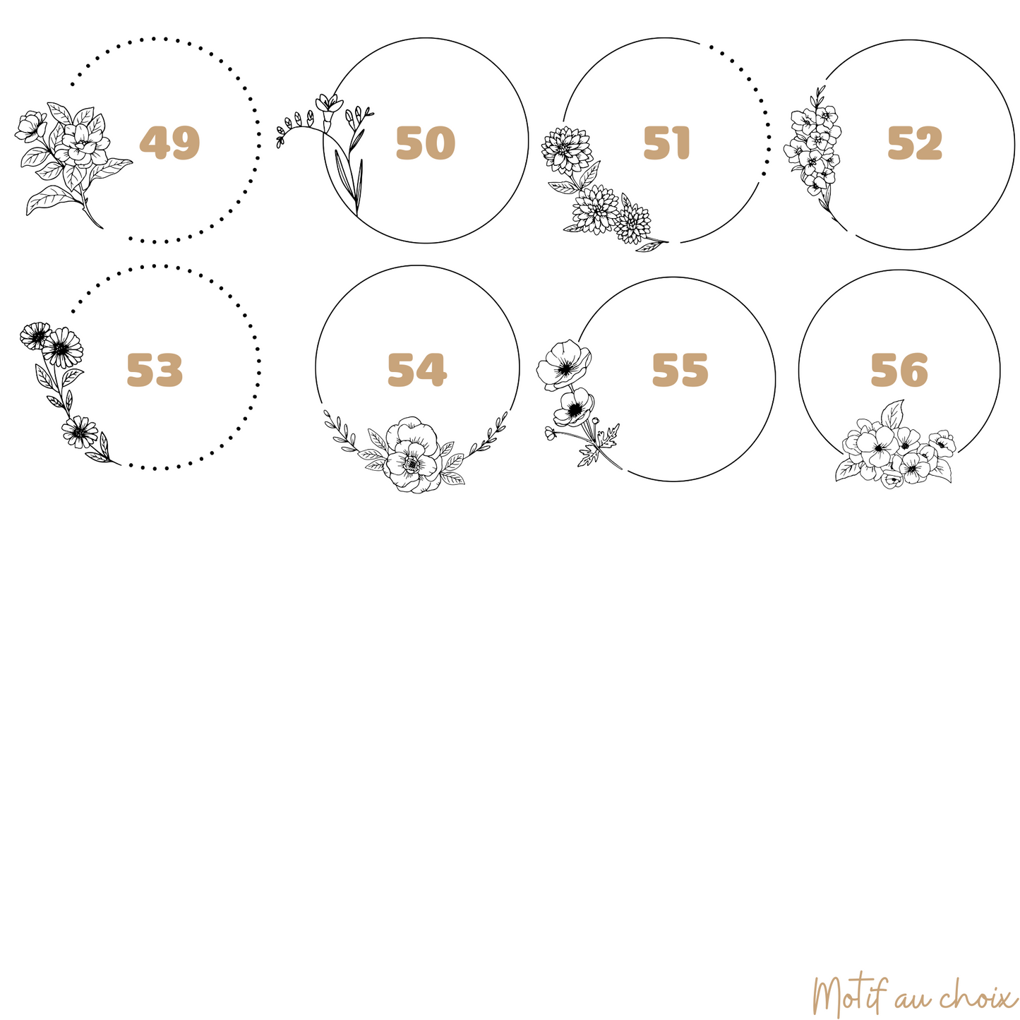 Catalogue visuel des motifs de gravure personnalisée.