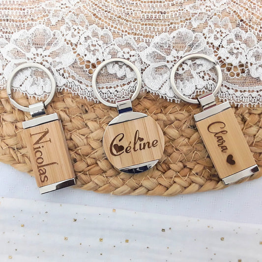 porte-clé bois et métal personnalisé, forme ronde ou rectangle.