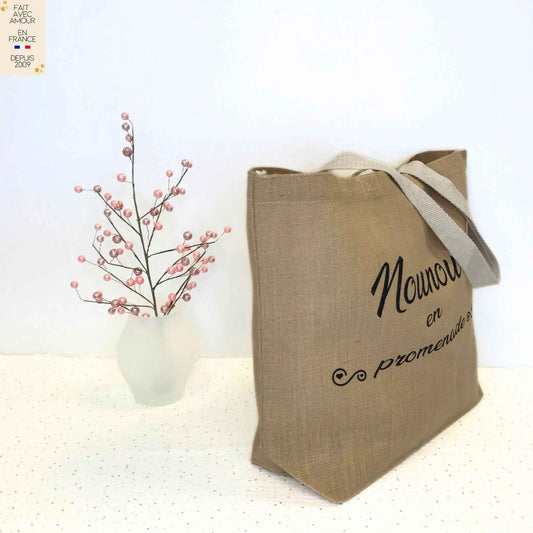 Sac Cabas Toile de Jute Personnalisable, grande taille 49x35cm, flocage de vinyle pailleté avec couleur au choix, personnalisation française