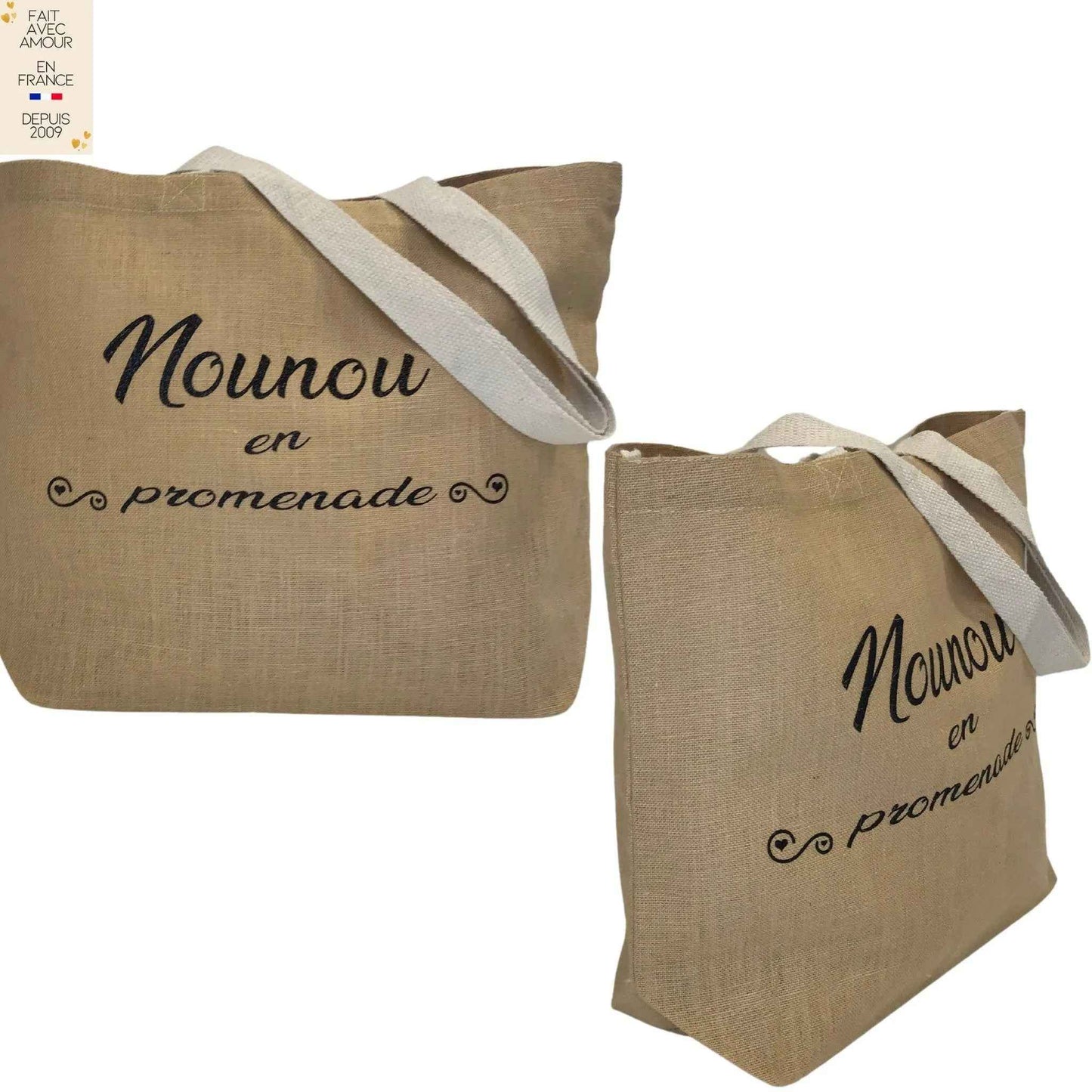 Sac Cabas Toile de Jute Personnalisable, grande taille 49x35cm, flocage de vinyle pailleté avec couleur au choix, personnalisation française
