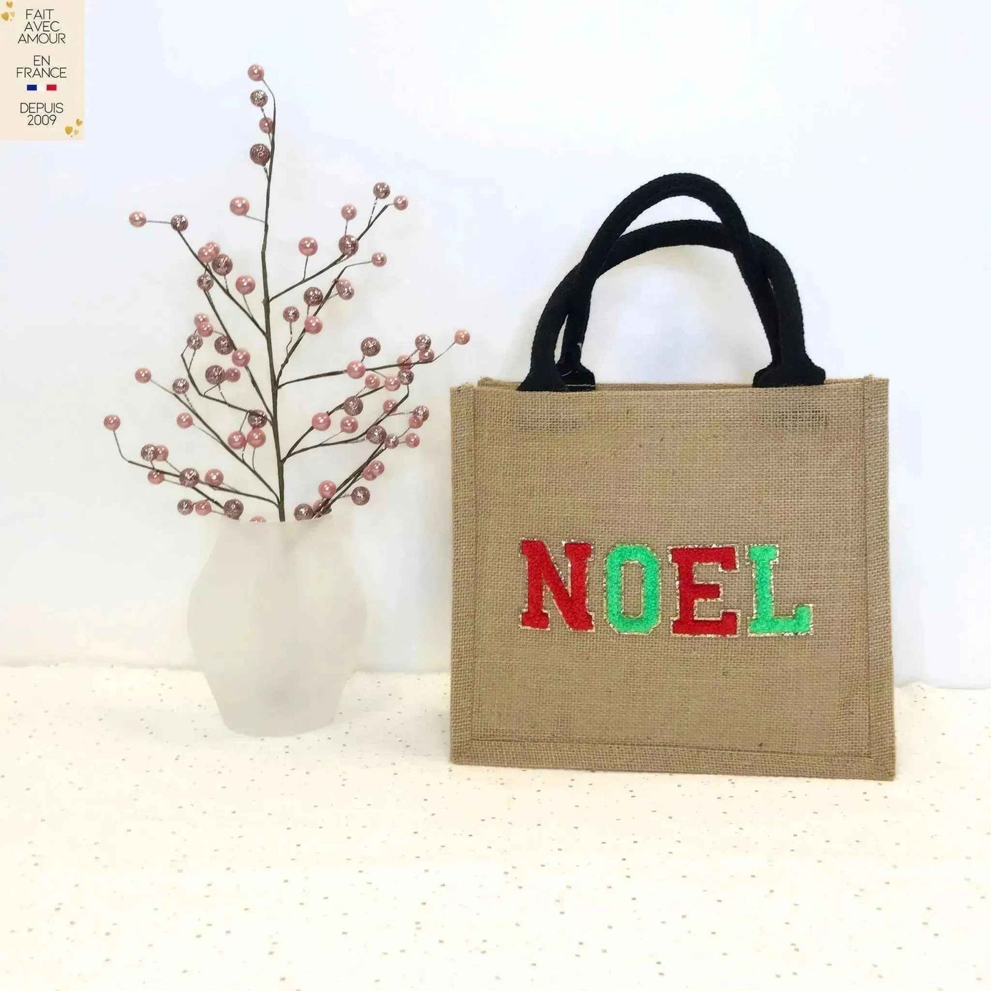 Sac cabas en jute 100% naturelle - Personnalisé en France - 11 couleurs d'initiales et 60 motifs - Idéal pour un cadeau original et durable