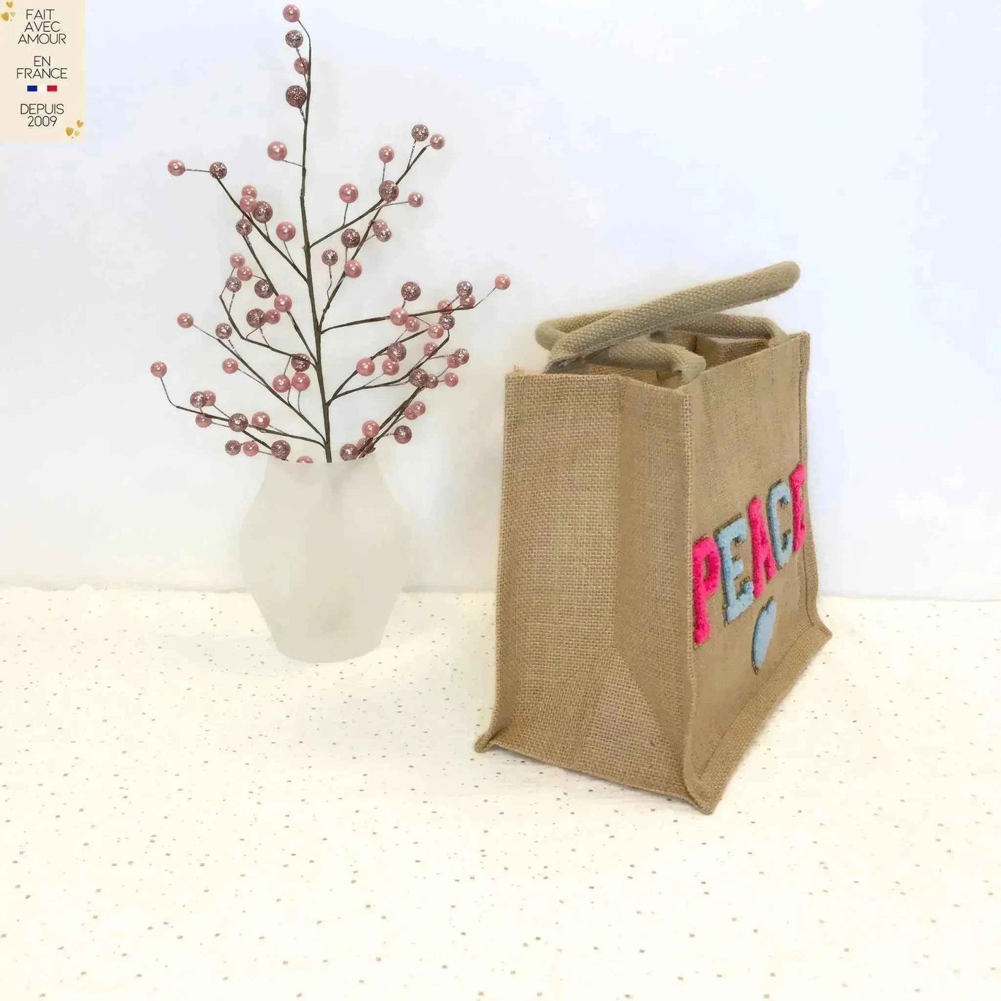 Sac cabas en jute 100% naturelle - Personnalisé en France - 11 couleurs d'initiales et 60 motifs - Idéal pour un cadeau original et durable
