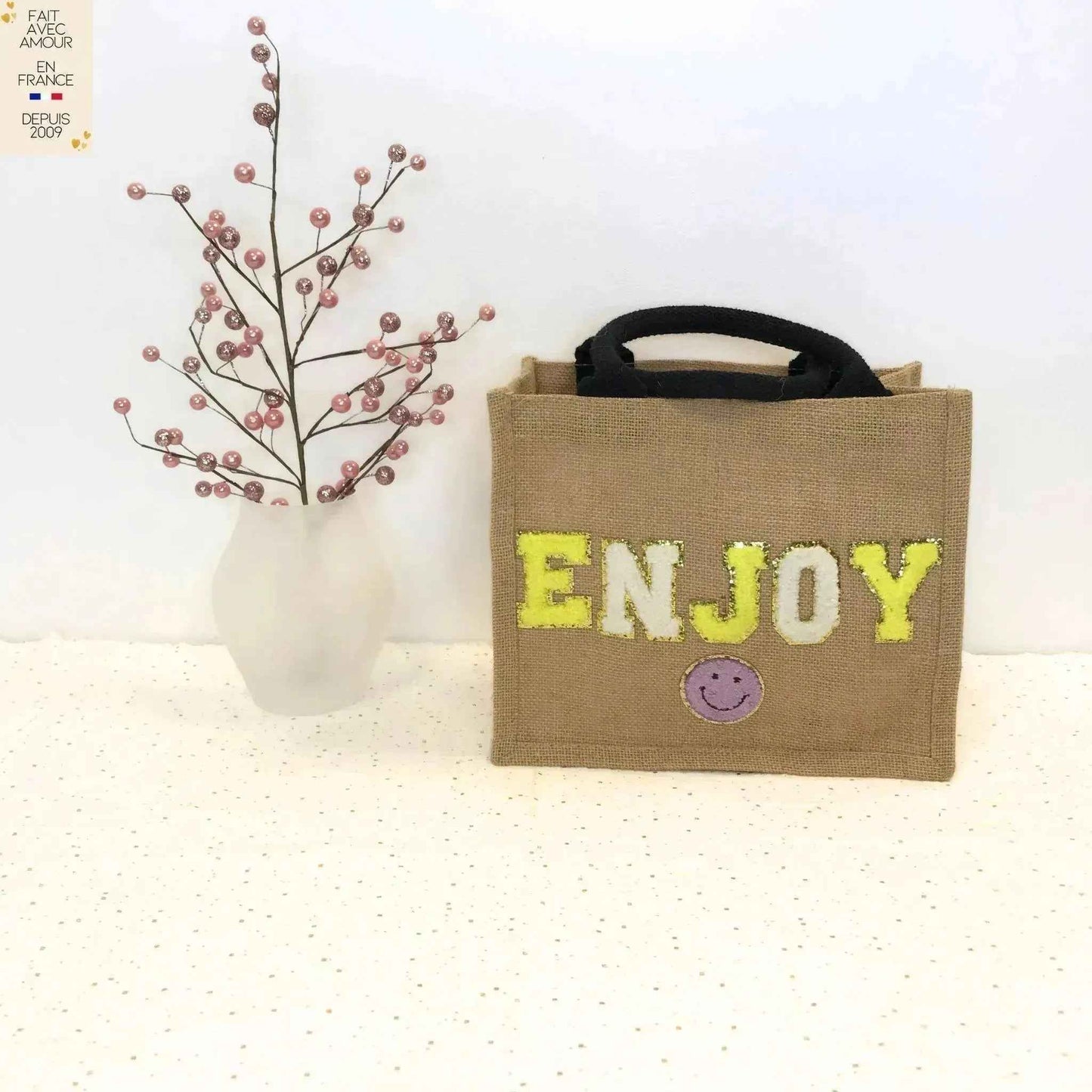 Sac cabas en jute 100% naturelle - Personnalisé en France - 11 couleurs d'initiales et 60 motifs - Idéal pour un cadeau original et durable