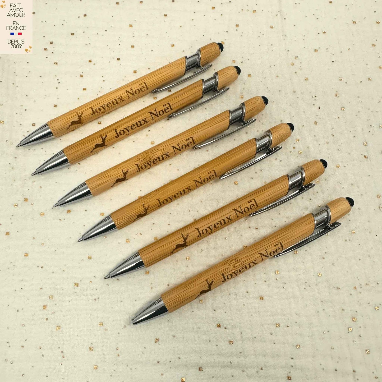 Stylo bille en bambou personnalisé - Gravé Joyeux Noël - Idée cadeau Noël - Fait main en France