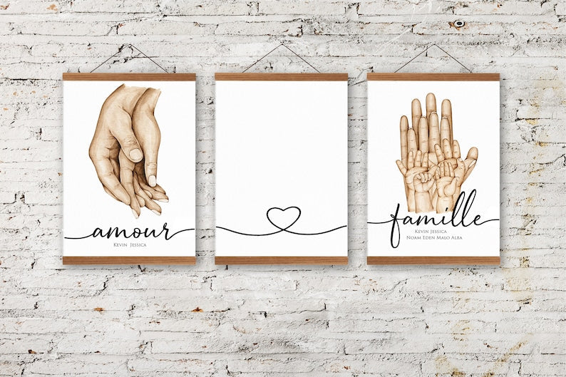 3 Affiches Personnalisées - Format A4 - Cadeau Français - Couleur de peau et Texte - Idée de Cadeau Personnalisé - Famille main dans la main