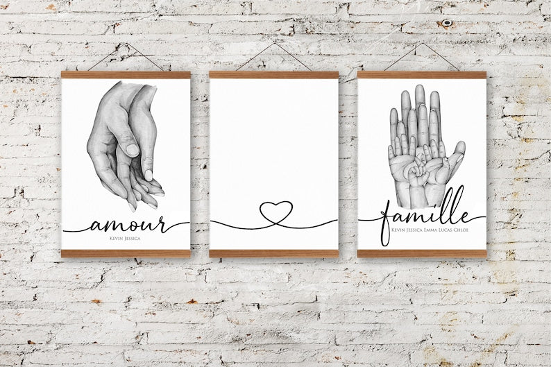 3 Affiches Personnalisées - Format A4 - Cadeau Français - Couleur de peau et Texte - Idée de Cadeau Personnalisé - Famille main dans la main