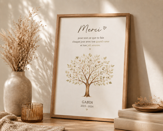 Affiche personnalisée Merci Maîtresse / Nounou / ATSEM – Cadeau fin d’année émotionnel avec prénom et date