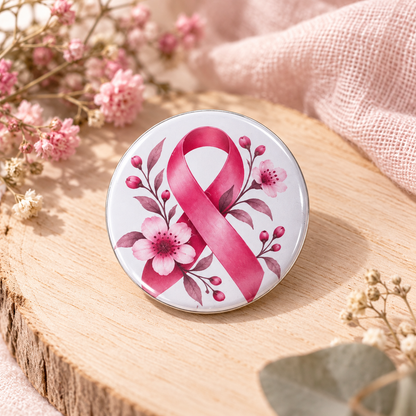 Badge Octobre Rose 45 mm avec ruban rose floral, présenté sur bois clair