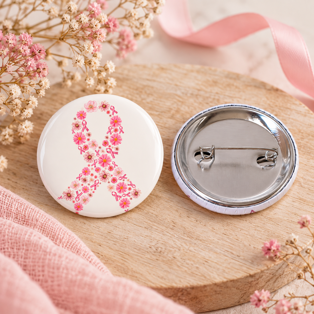 Badge Octobre Rose 45 mm présenté de face et de dos avec épingle métallique