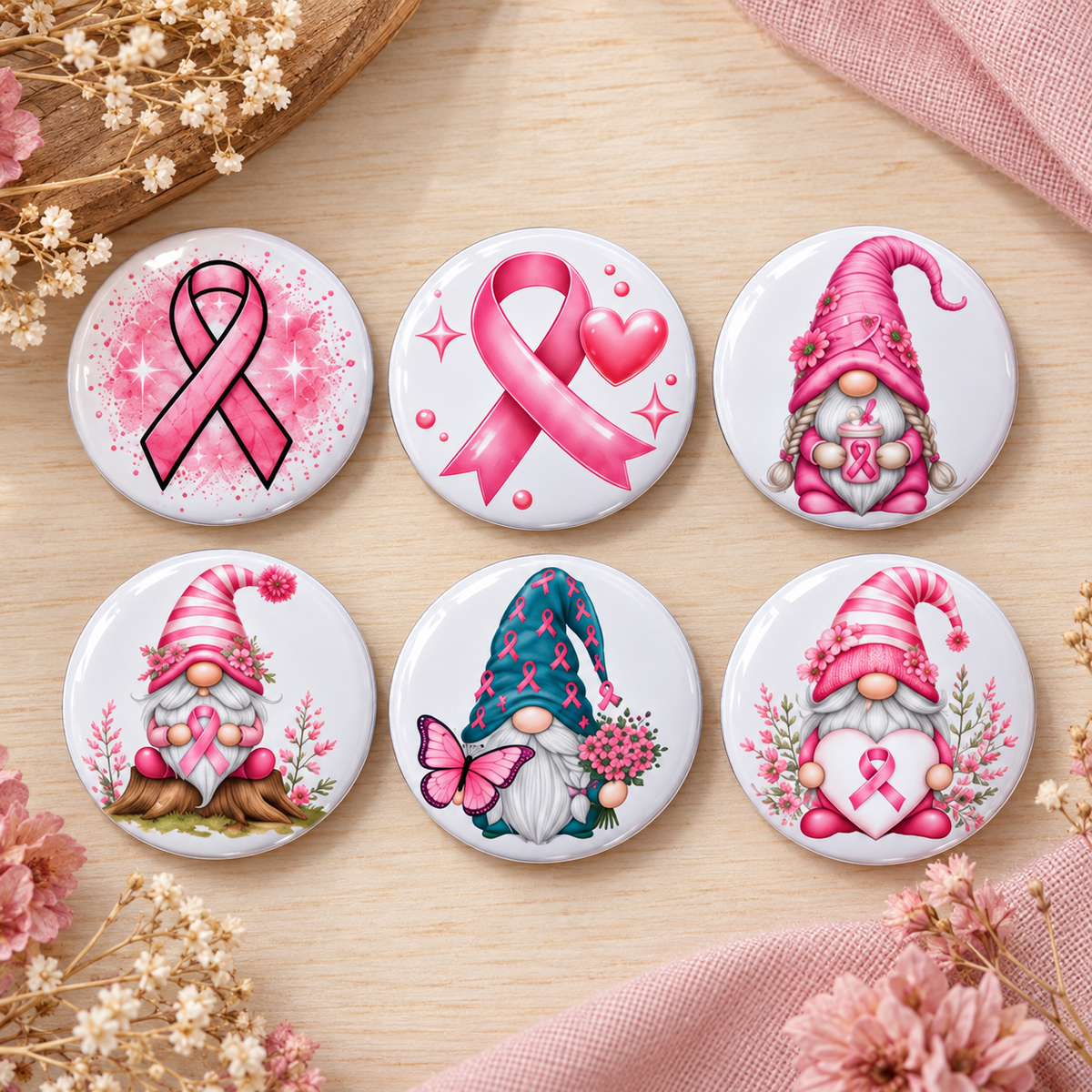 Six badges Octobre Rose 45 mm avec rubans roses et petits gnomes