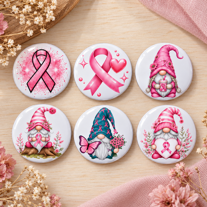 Six badges Octobre Rose 45 mm avec rubans roses et petits gnomes