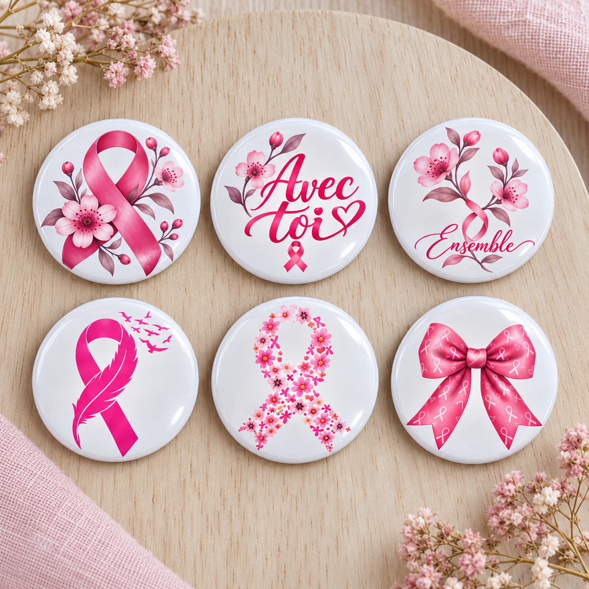 Six badges Octobre Rose 45 mm avec différents motifs floraux et rubans roses