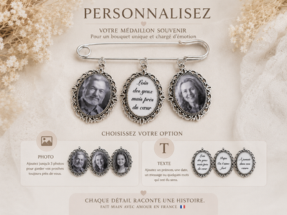 Broche mariage personnalisée – Médaillon souvenir avec photo ou texte – Bijou émotion fait main
