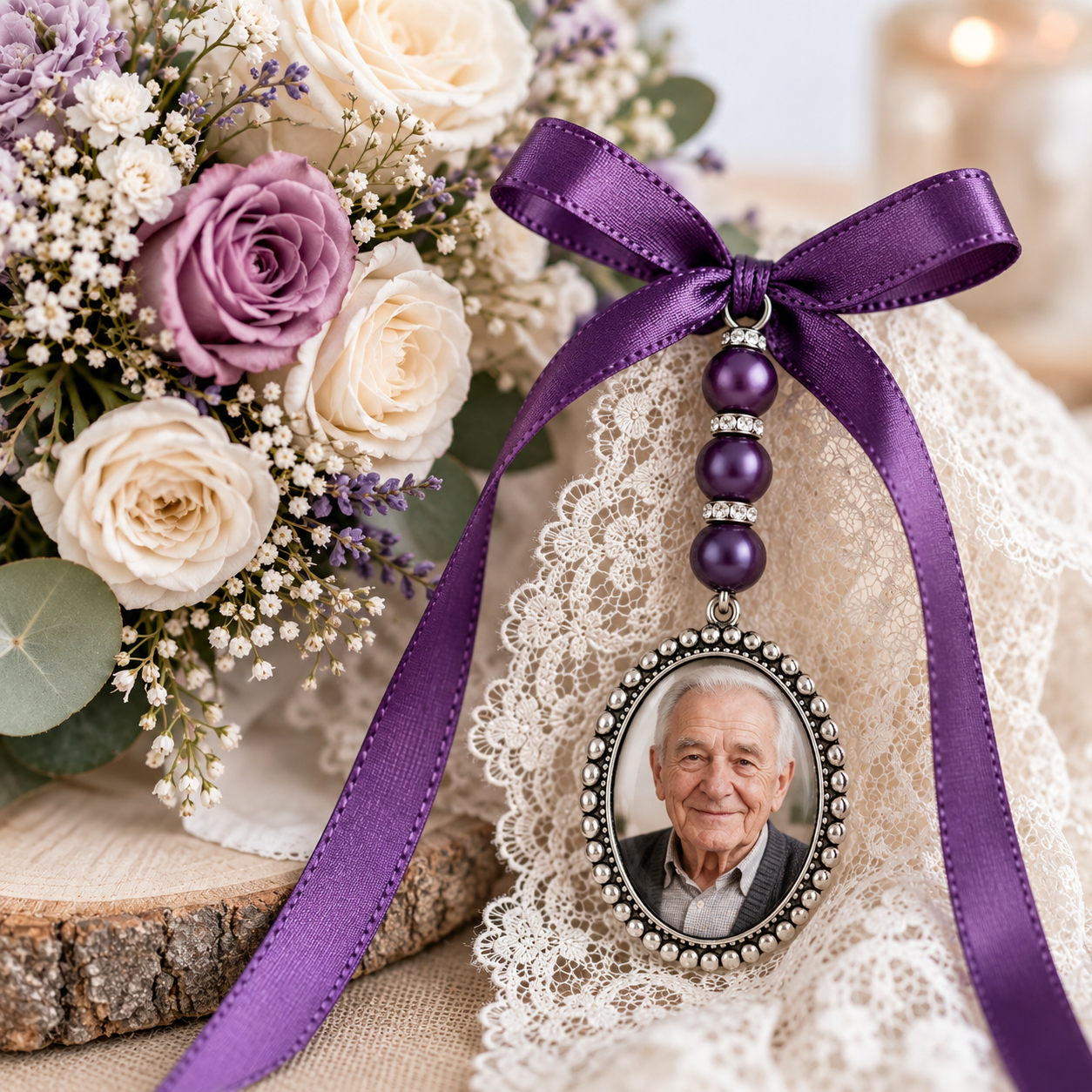 Medaillon für Brautstrauß, Foto oder Text, für eine enge Hommage, Perlenfarbe und anpassbares Band, Erinnerungsjuwel, Hochzeitssouvenir