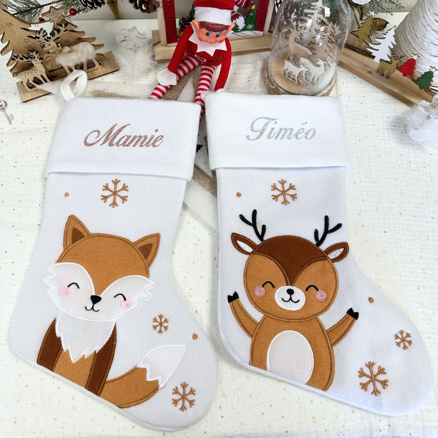 Grande Chaussette de Noël Personnalisée en France - Texte Pailleté - Motif Renne ou Renard Brodé - Idée Cadeau Personnalisé Famille - Mon Premier Noël