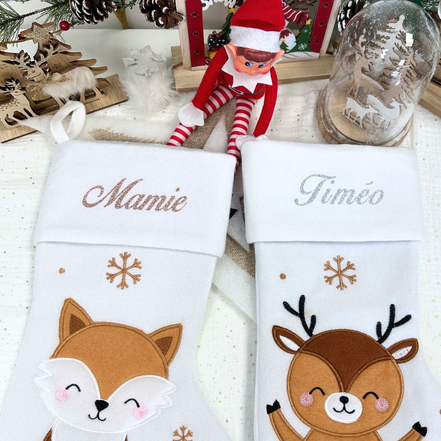 Grande Chaussette de Noël Personnalisée en France - Texte Pailleté - Motif Renne ou Renard Brodé - Idée Cadeau Personnalisé Famille - Mon Premier Noël