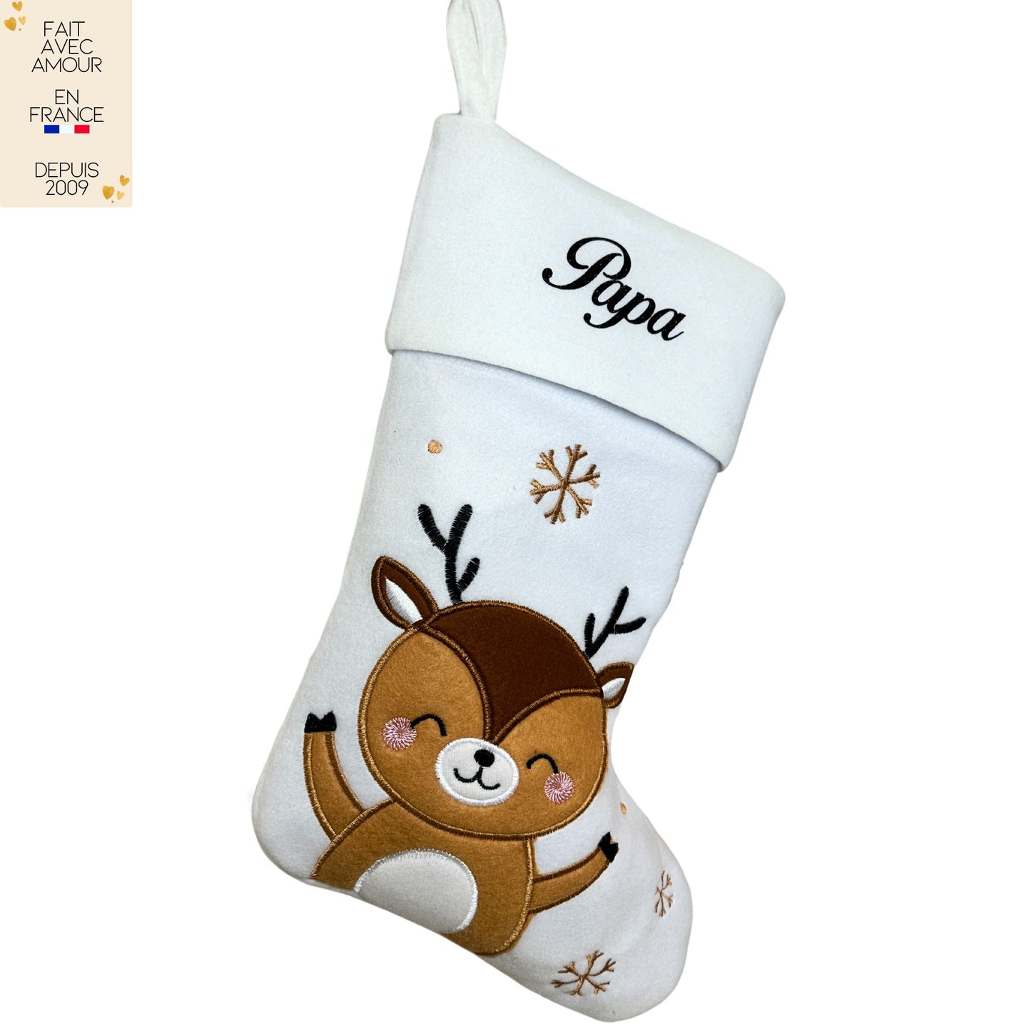 Grande Chaussette de Noël Personnalisée en France - Texte Pailleté - Motif Renne ou Renard Brodé - Idée Cadeau Personnalisé Famille - Mon Premier Noël