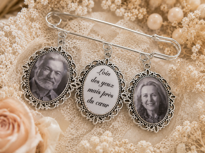 Broche mariage personnalisée – Médaillon souvenir avec photo ou texte – Bijou émotion fait main