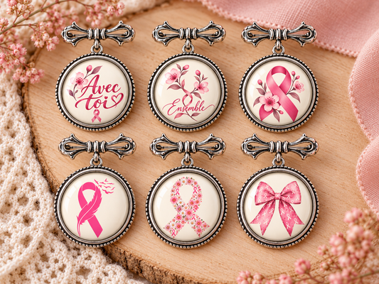 Six broches épingle Octobre Rose avec six visuels différents au choix