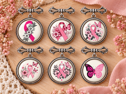 Six broches épingle Octobre Rose avec six visuels supplémentaires au choix