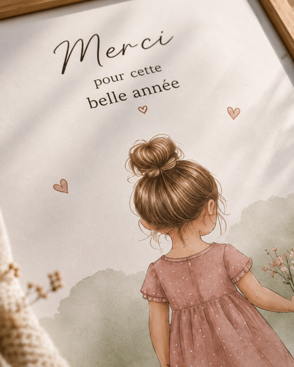 Détails illustration aquarelle petite fille et typographie élégante sur affiche personnalisée