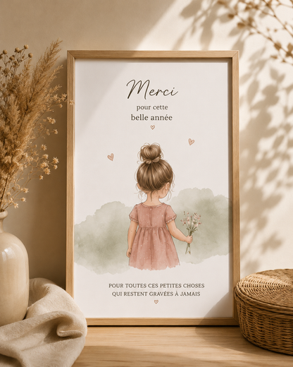 Affiche personnalisée bohème cadeau maîtresse avec illustration petite fille fabriquée artisanalement dans les Vosges