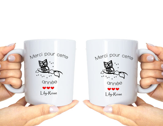 Mug personnalisé chouette – Cadeau de remerciement Atsem, maîtresse, nounou – Fabrication artisanale en France