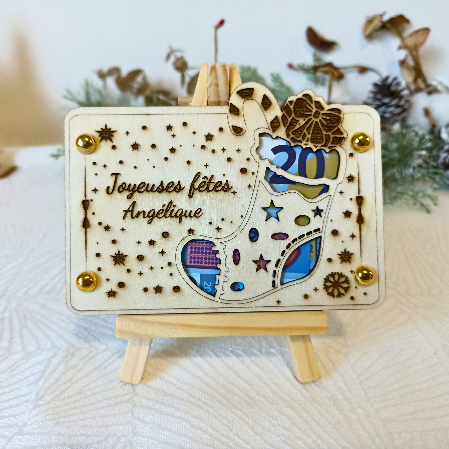 Carte cadeau bois Noël – Gravure artisanale – Présentation billet élégante – Cadeau original, étrenne, remerciement