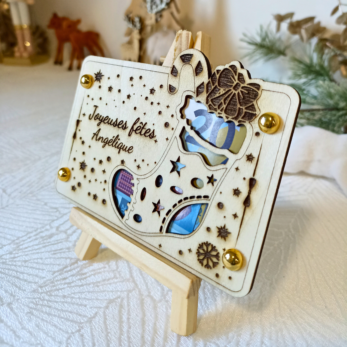 Carte cadeau bois Noël – Gravure artisanale – Présentation billet élégante – Cadeau original, étrenne, remerciement