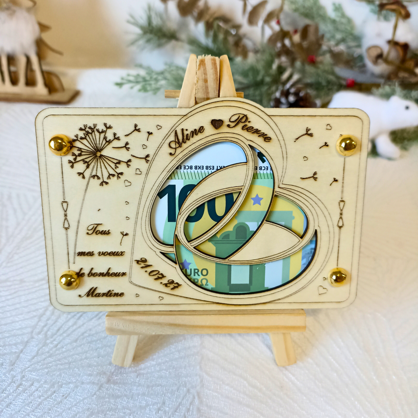 Carte cadeau mariage en bois – Emballage billet original – Gravure laser personnalisée – Idée cadeau pour mariés