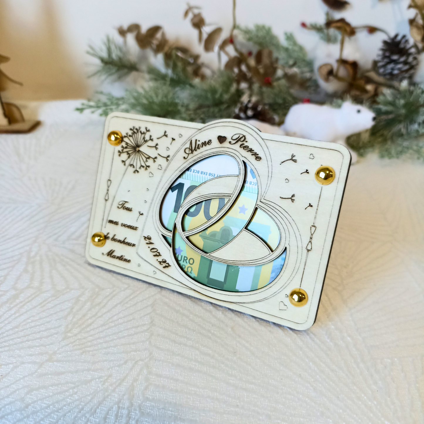 Carte cadeau mariage en bois – Emballage billet original – Gravure laser personnalisée – Idée cadeau pour mariés