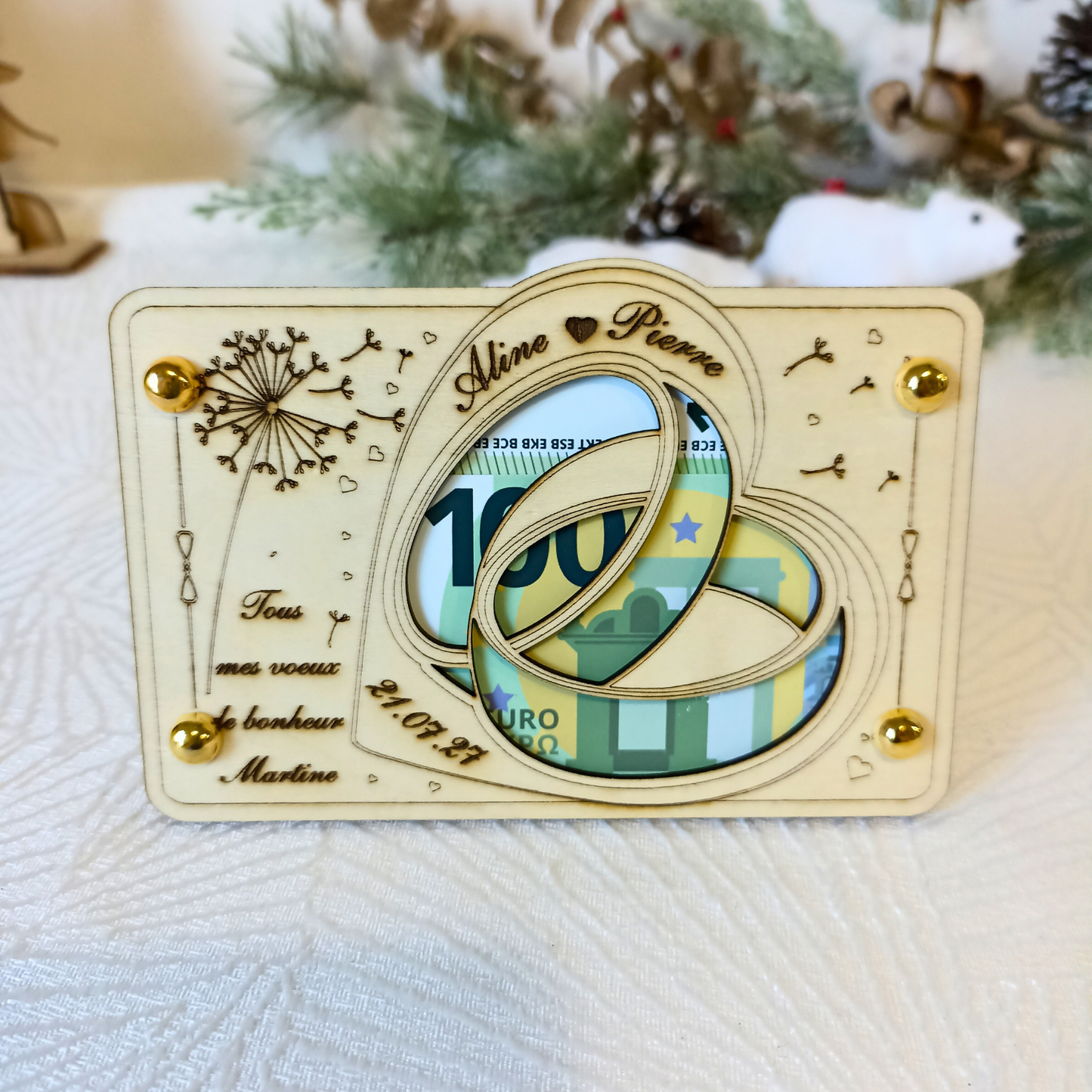 Carte cadeau mariage en bois – Emballage billet original – Gravure laser personnalisée – Idée cadeau pour mariés