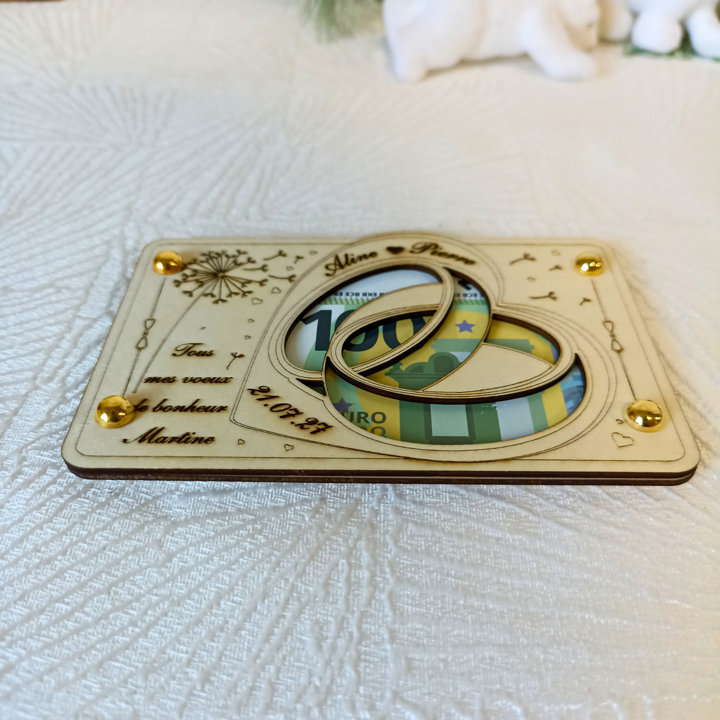 Carte cadeau mariage en bois – Emballage billet original – Gravure laser personnalisée – Idée cadeau pour mariés