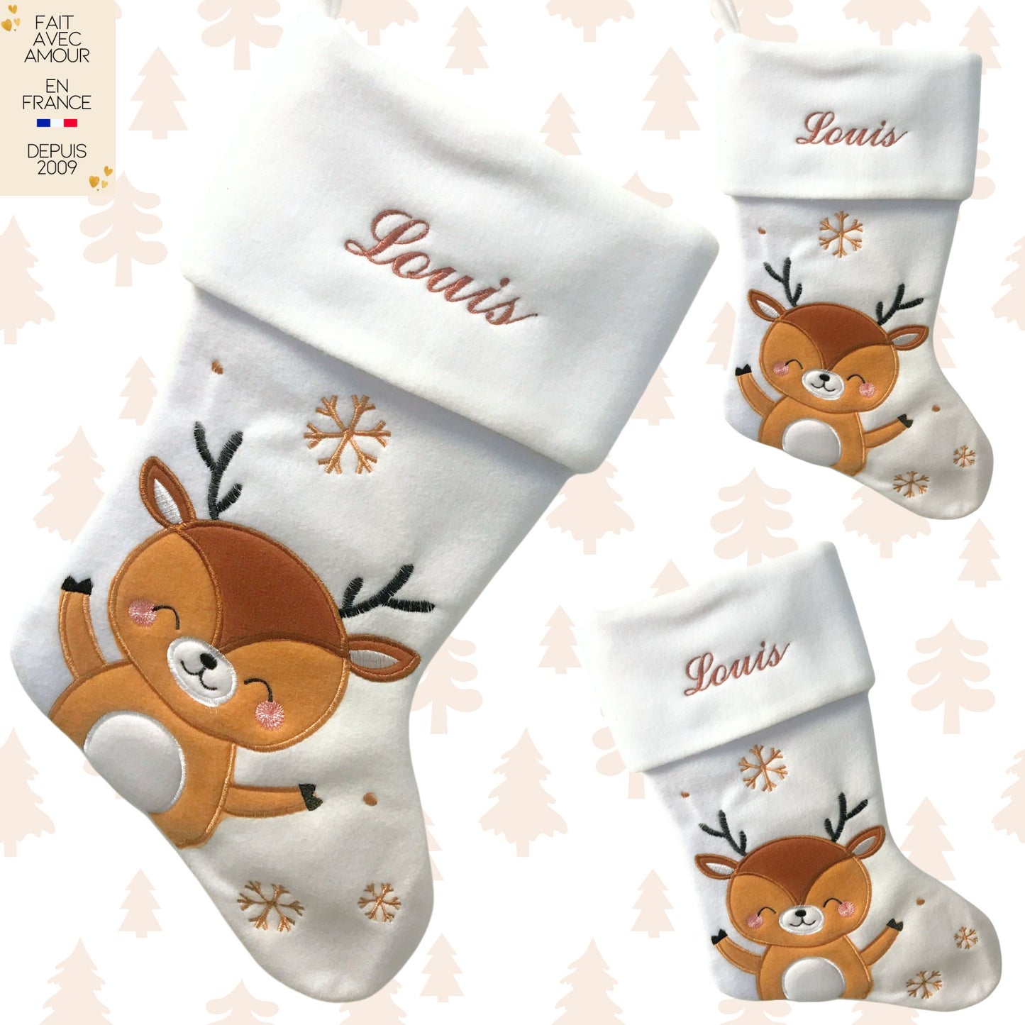 Chaussette de Noël Personnalisée - Prénom Brodé - Fait Main en France - Envoi rapide - Couleur fil et Motif au choix