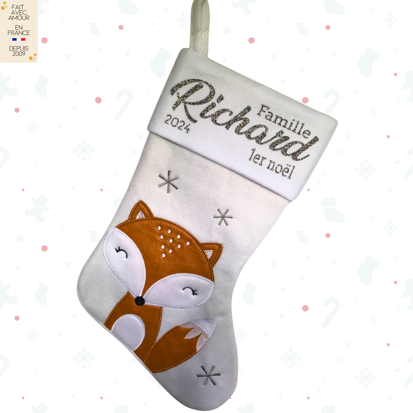 Chaussette de Noël Famille Personnalisée - Cadeau de Noël Français - Broderie Artisanale - Texte et Motif au choix