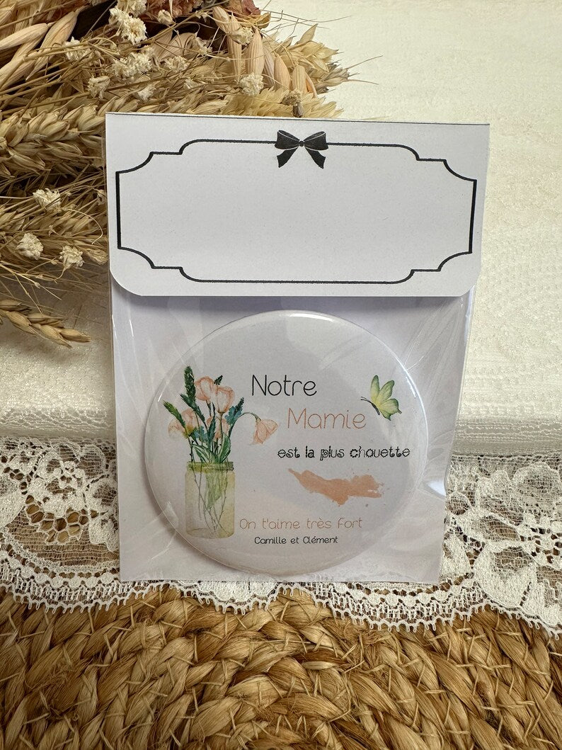 miroir de poche, badge ou magnet personnalisé, idees cadeau pour mamie, pour la fête des grands-meres,  taille 75mm