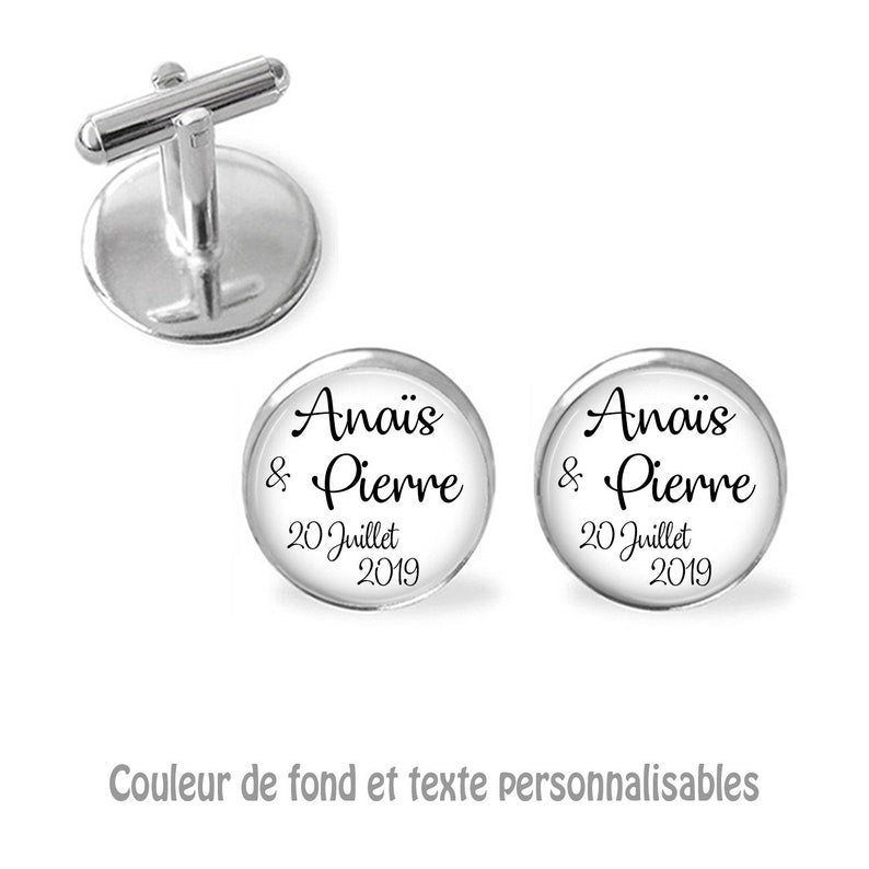 Bouton de Manchette Mariage, lot de 2 personnalisable avec couleur et texte, initiale, date, prénom, bouton de manchette pas cher, fait main