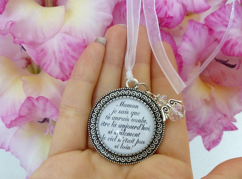 Medaillon für Hochzeitsblumenstrauß, personalisiertes Medaillon mit handgefertigtem Cabochon und Text, optionaler Engelsanhänger, Souvenirschmuck