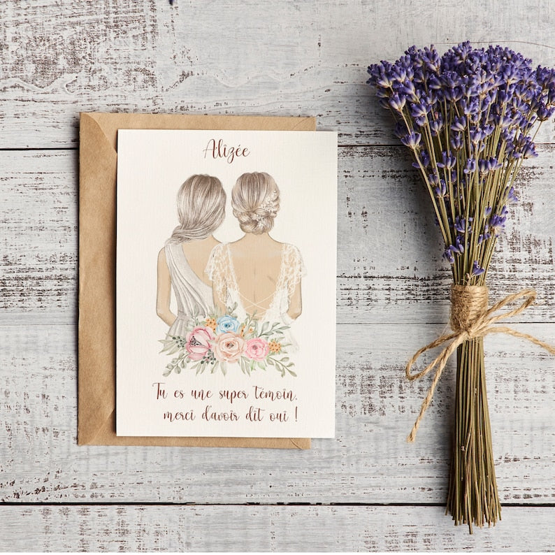 Personalized wedding theme card, request for female witness, request for bridesmaid, A6 format 10x15cm, free envelope