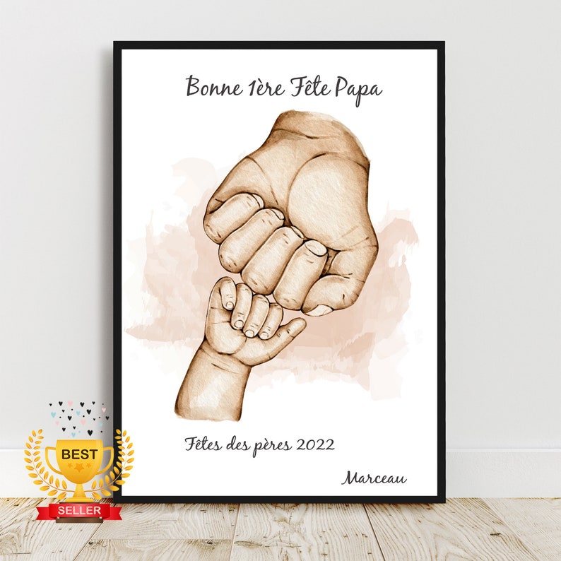 Joyeux anniversaire papa, Portrait personnalisé père et fils, cadeau fête des pères, affiche main papa, couleur et texte personnalisables