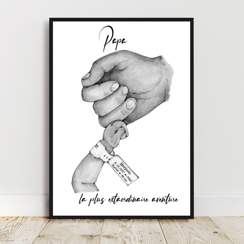 Cadeau de naissance pour PAPA, Affiche A4 ou A3 bracelet de naissance, main papa bébé, cadeau fête des pères, fêtes des mères, cadeau noël