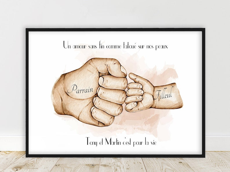 Cadeau pour PARRAIN , Affiche A4 ou A3, cadeau pour baptême, portait check parrain et filleule, couleur et texte personnalisables